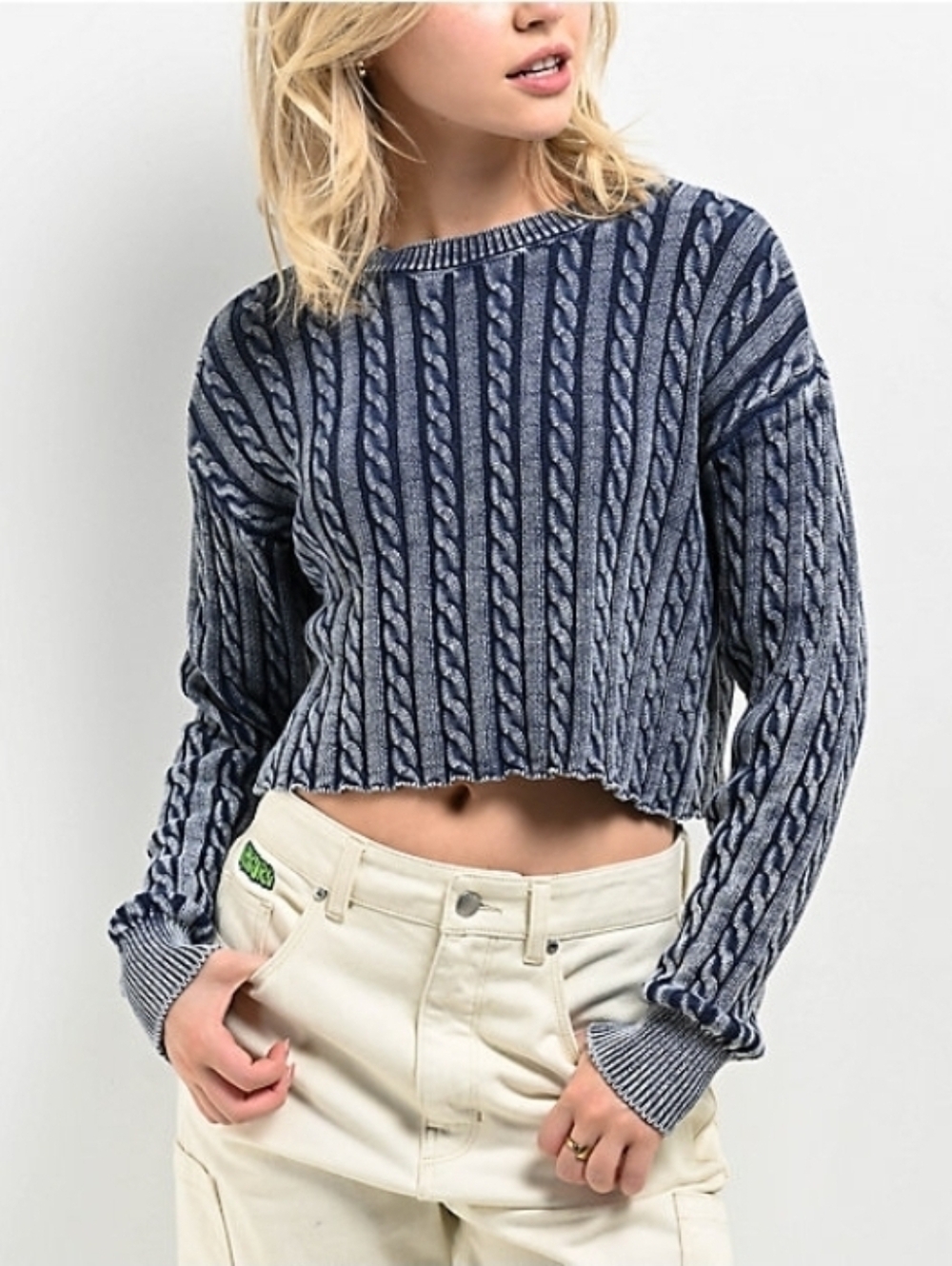 Aerie Cropped Cable Knit Sweater Blue Long Sleeve Crew Neck Cozy Pullover M